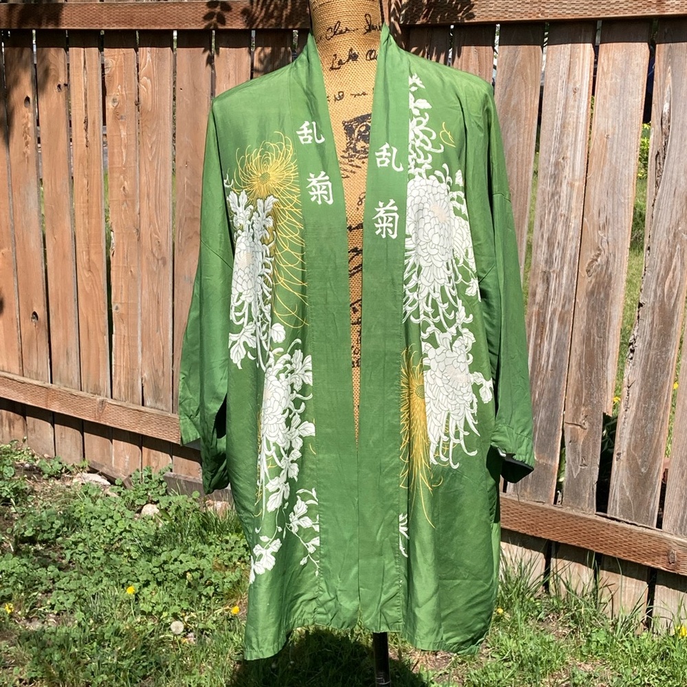 Japanese Hand Printed Boho Green White Yellow Floral Rayon Kimono Robe OS